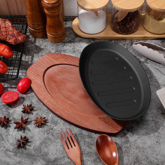 TABLZONE Cast Iron Grill Pan with Wooden Tray, Non-Stick Skillet for Kitchen Cooking, Grill Pan in Assorted Colors, 1 Set