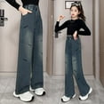 thumbnail image 4 of LRen Black Jeans for Girls Size 5-6 Fashion Plain Color Denim Pants Girls Teen Cargo Pants Waistband Stretchy Straight with Pockets,150,B-Blue, 4 of 6