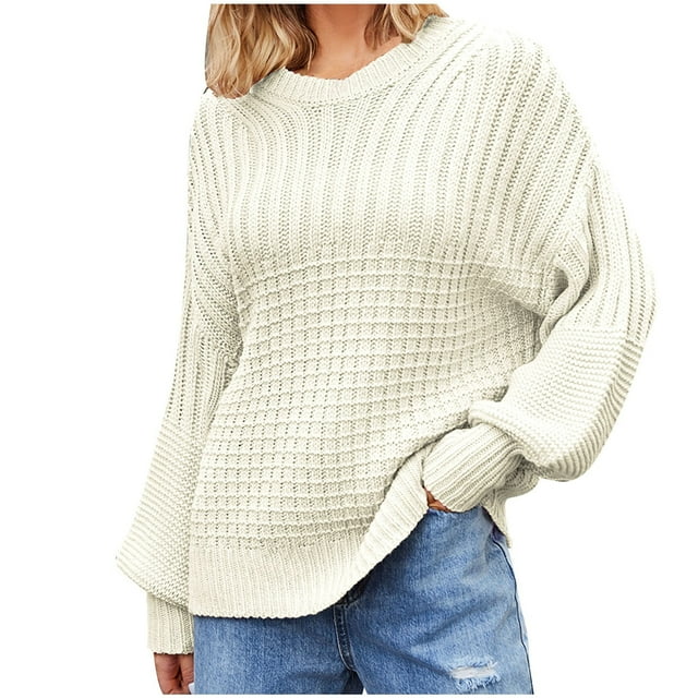 Bowake Womens Casual 2023 Fall Sweaters Long Sleeve Ribbed Knit Sweater Loose Soft Crewneck Pullover Jumper Tops