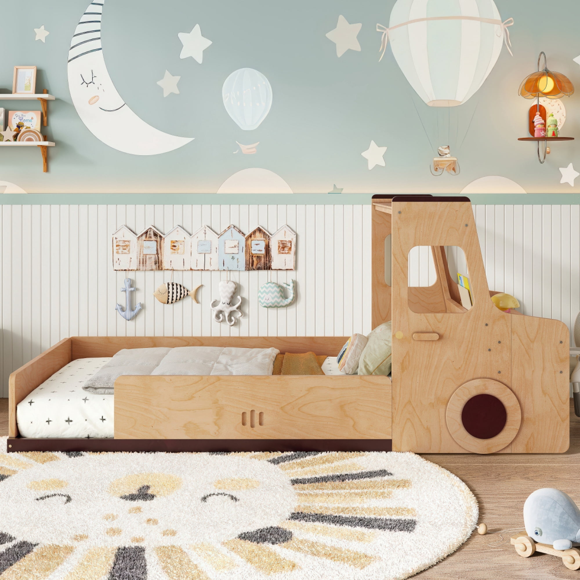 Twin Size Car-Shaped Floor Bed - with Storage Drawers, Window & Desk for Bedroom,Natural