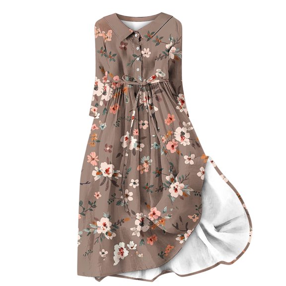 BangWanChi Wedding Guest Dresses for Women Wedding Guest Dresses for Women Sexy Dresses for Women Women Casual Temperament Elegant Loose Printed Lace Up Button Pleated 3/4 Sleeves Flip Collar Dress