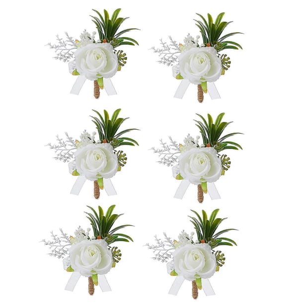 6Pcs Realistic White Rose Boutonnieres for Wedding Party Elegant Florals Lapel Pin Accessory Stylish Suit Decoration