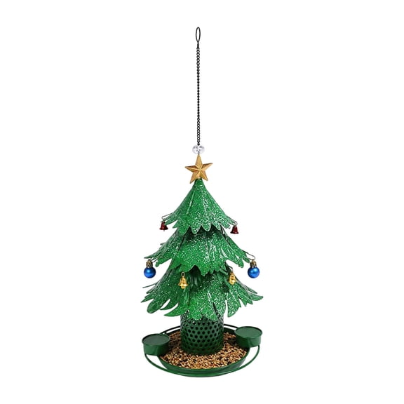 Christmas Tree Shaped Bird Feeder Hanging Outdoor Garden Decoration Metal Wild Bird Feeding Station With Bell Accents 13.39 Inch Multicolor 1 Pack