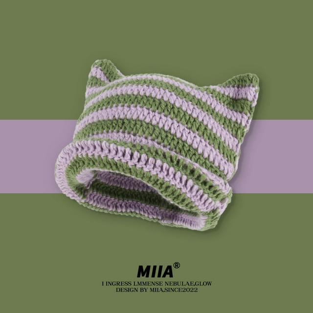 2025 Bonnet Ins Petit Diable Rayé Bonnet en Laine Tricotée Automne et Hiver Crochet Mignon Oreilles de Chat Pointu chandail-Over Chapeaux pour Femmes Vert Violet Diable 56-58cm