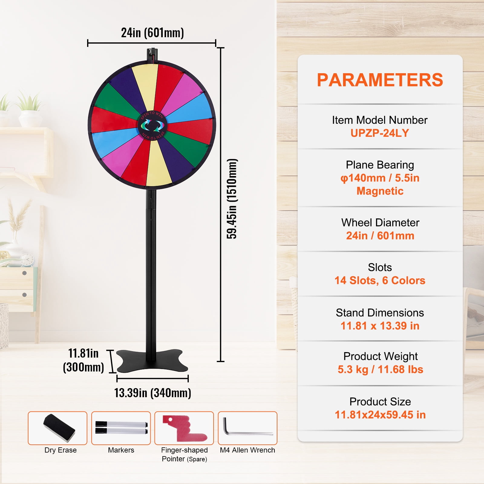 KFFKFF 24-inch Rotating Reward Wheel, 14-Slot Spin Wheel, Game Wheel with Dry Erase and Dual Markers, Suitable for Tabletop or Floor Use in Parties, Pubs, Trade Shows, and Carnivals