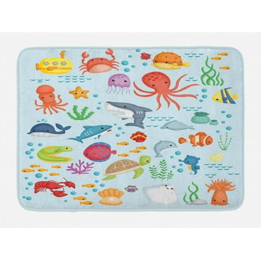 Marine Bath Mat, Bunch of Sea Animals Submarine Crabs Squid Lobster Octobus Seaweed Starfish Stingray, Non-Slip Plush Mat Bathroom Kitchen Laundry Room Decor, 29.5 X 17.5 Inches, Multicolor, Ambesonne