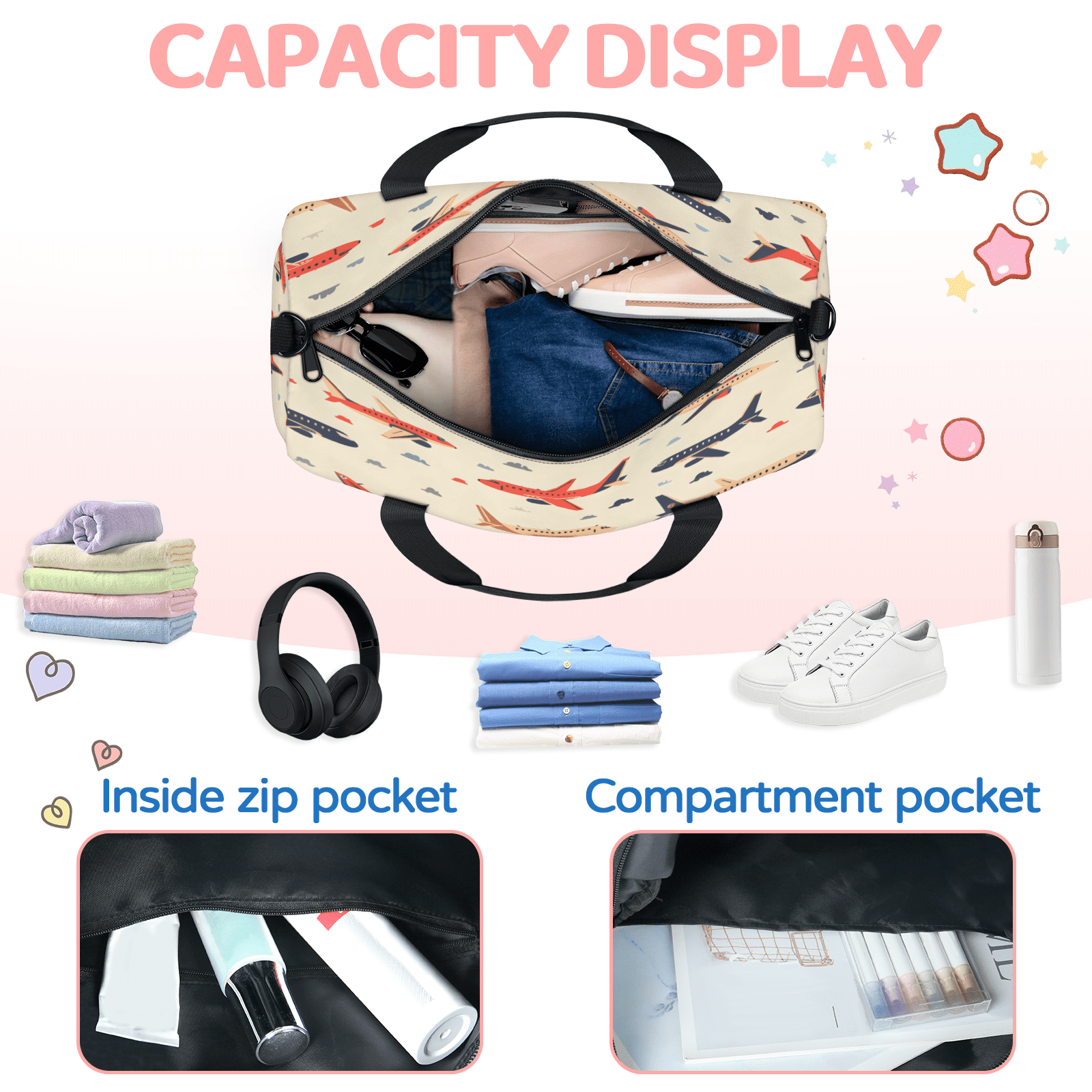 Herdesigns Airplane Travel Duffle Bag Sports Yoga Weekender Overnight Carry on Workout Bags Lightweight Waterproof Gym Tote Bag for Women