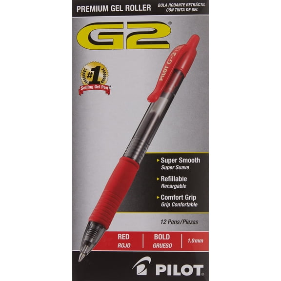 Pilot, G2 Premium Gel Roller Pens, Bold Point 1 mm, Pack of 12, Red