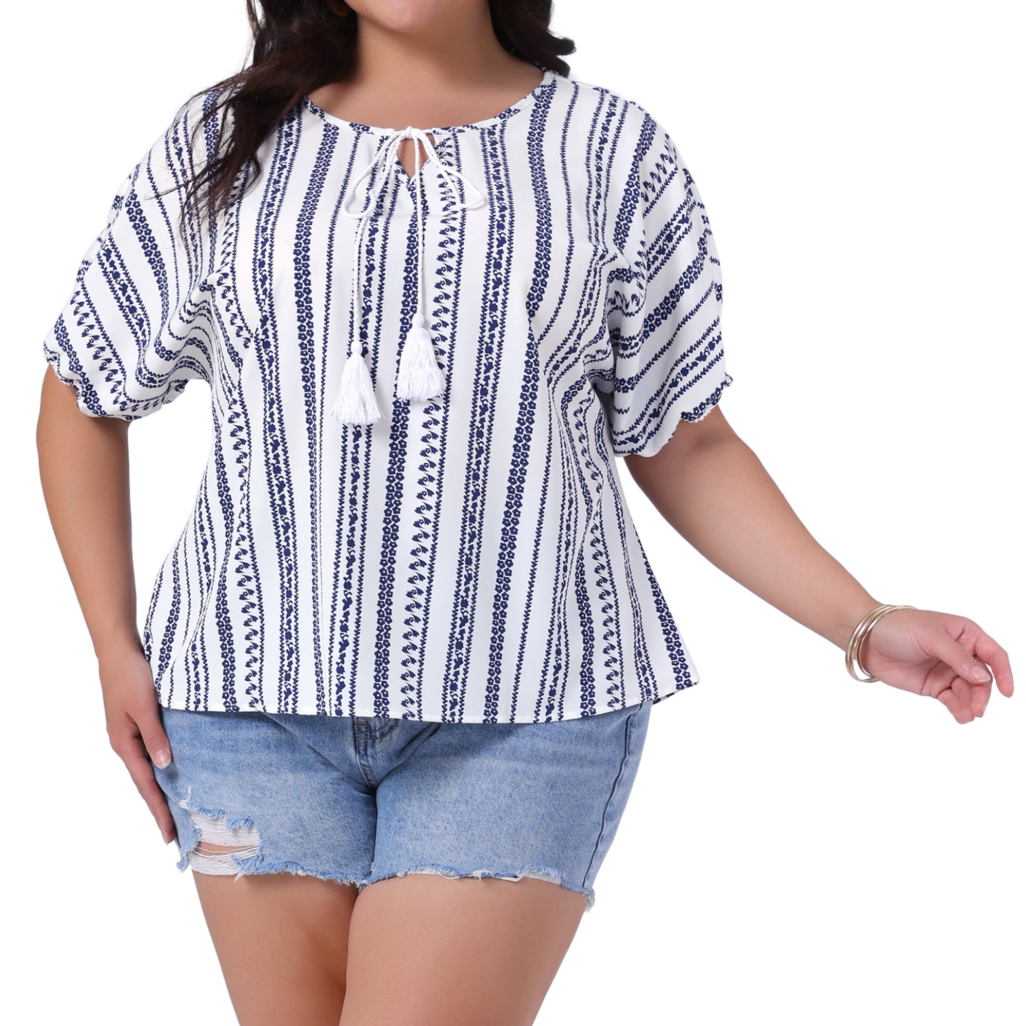 DARING DIVA Women's Plus Boho Tops Floral Tied V Neck Blouse Shirts 1X White