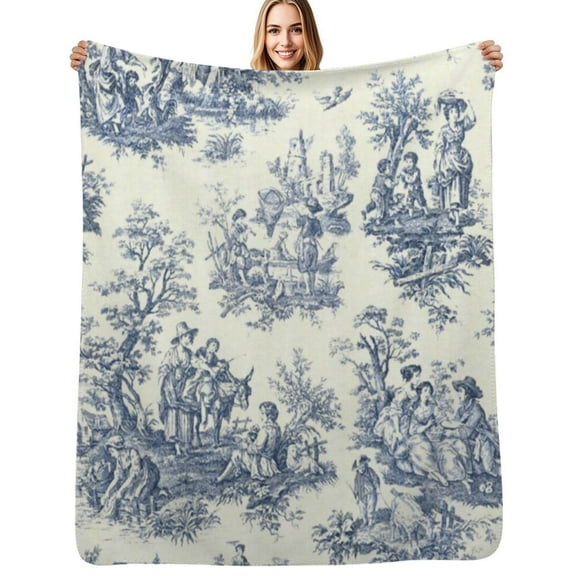 Powder Blue French Toile Picnic Designs Flannel Blankets Soft Warm Throw Blanket Autumn Camping Bedroom Aesthetic Bedspread