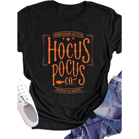 Vintage Hocus Pocus Graphic Tee, Tops Has "SANDERSON SISTERS HOCUS POCUS CO. ENCHANTED BROOMS" Design, Round Neck Regular Fit T - shirts, Size(S - 5XL)