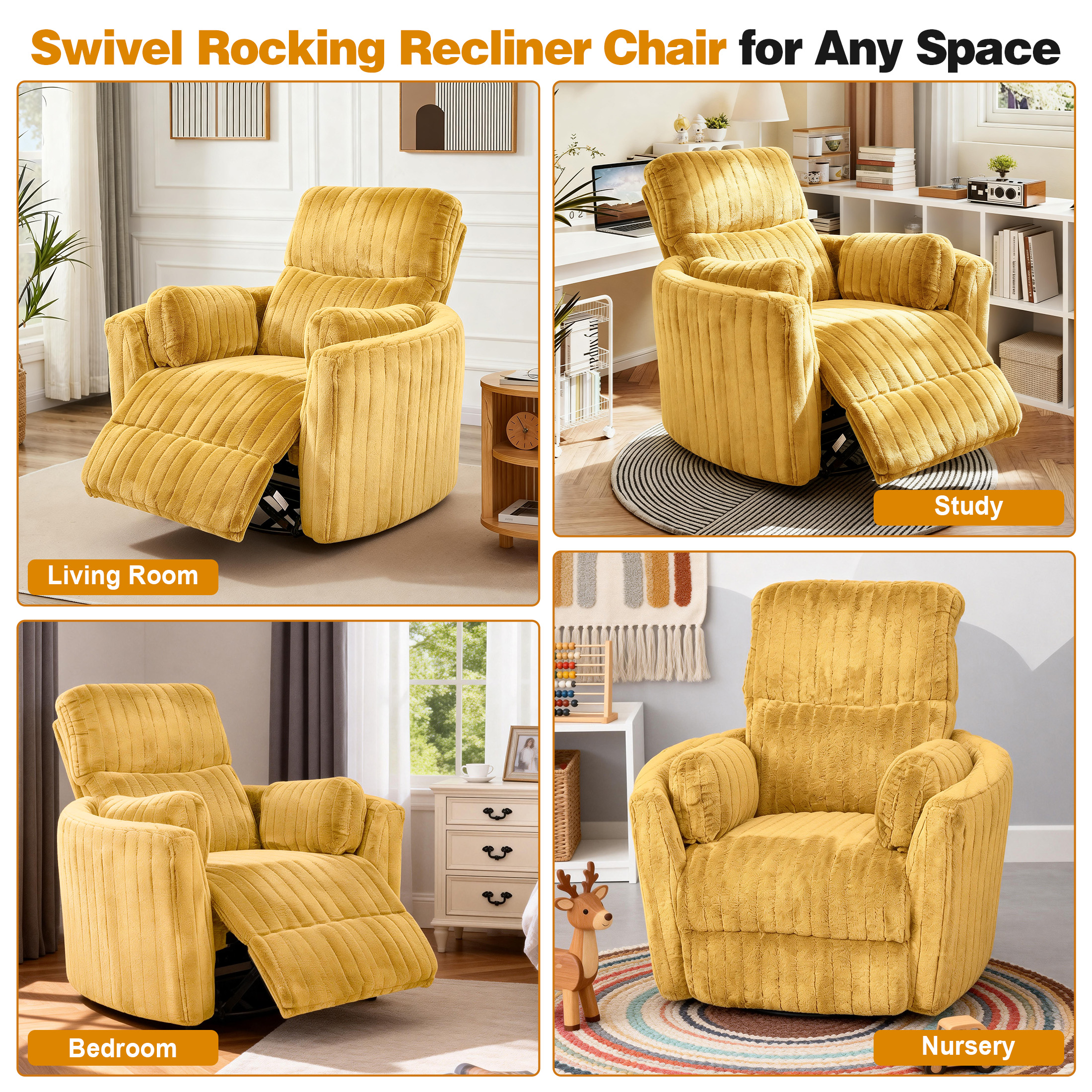 Aukfa Swivel Rocking Glider Power Recliner Chair with 24" Wide Seat & Type-C & USB Ports, Yellow
