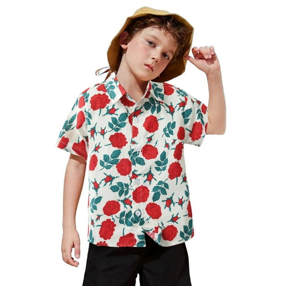 LUOGENLI Shirts for Boys Trendy Child Toddler Boys Girls Short Sleeve Summer Casual Gentleman Tops Hawaii Beach Holiday Floral Shirts T Shirt Red Size 18-24 Months