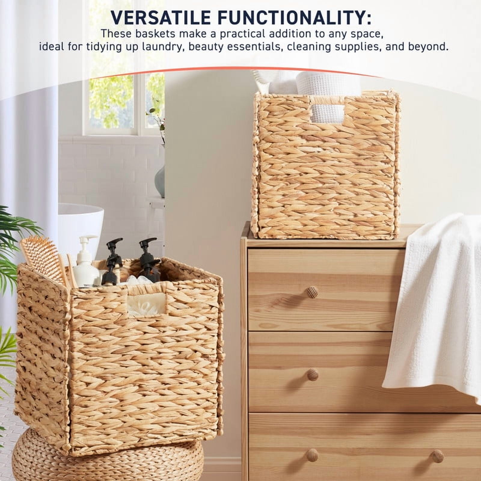 Ornavo Home 10.5 x 10.5 Inch Water Hyacinth Baskets Set of 6 – Handwoven Collapsible Wicker Storage Cube Bins with Handles for Bathroom, Bedroom, Laundry and Pantry - Natural
