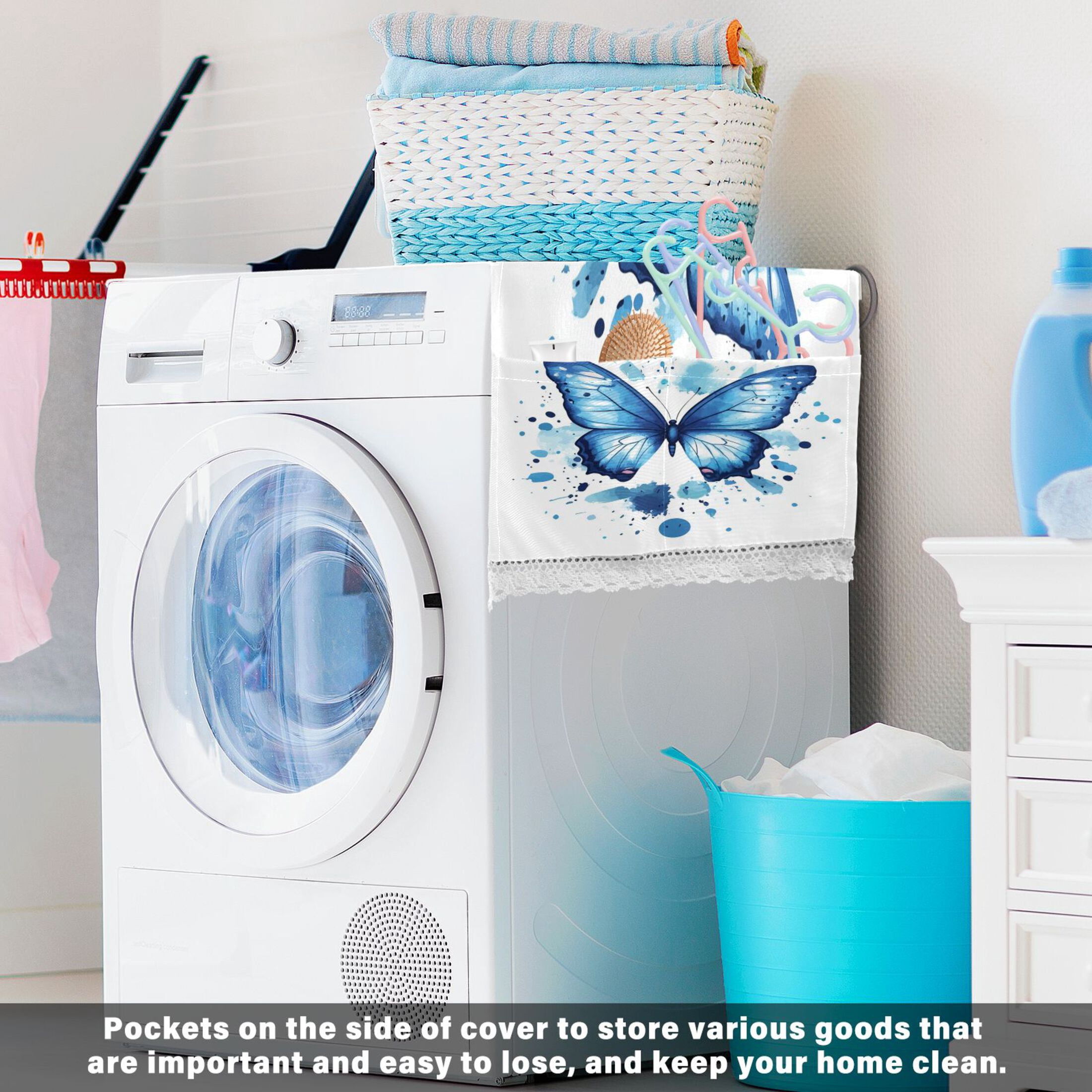 Blue ButterflyWasher and Dryer Covers Dust-Proof and Oil Resistant Fridge Cover with 4 Storage Pockets Washing Machine Top Cover for Laundry Kitchen Home 51.2 x 22 In
