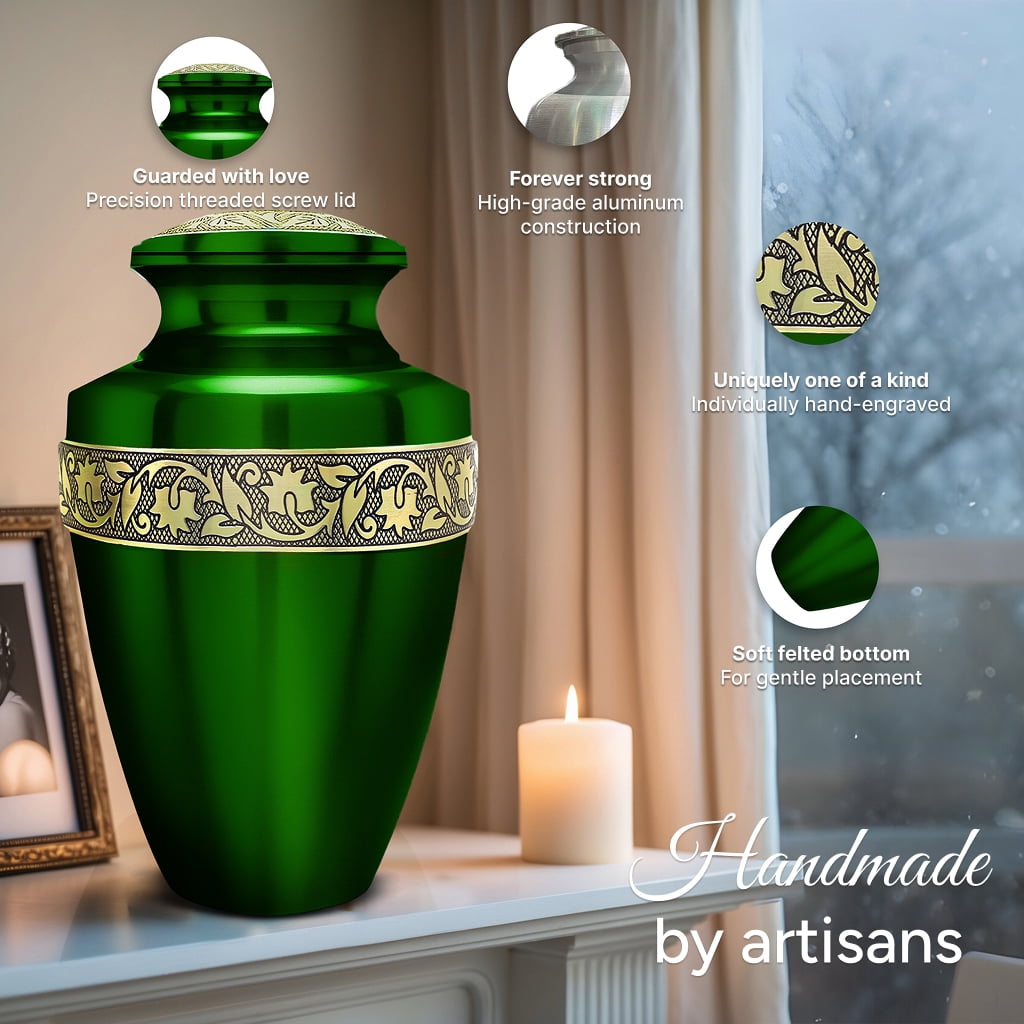 Set of 6 Green & Gold Grecian Cremation Urns for Cremation Ashes – 1 Large Adult Urn, 4 Keepsake Urns & 1 Necklace Urn, Handcrafted Memorial Tribute