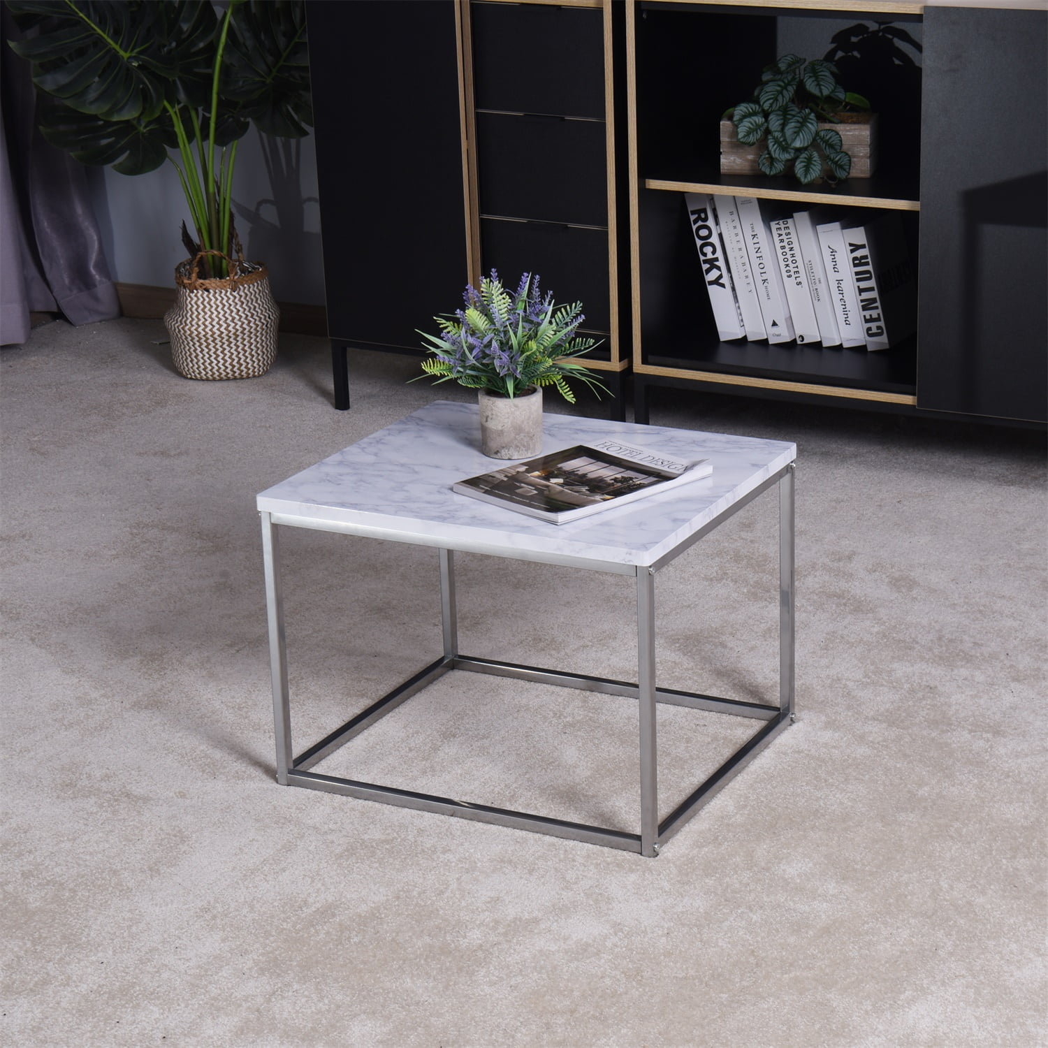 Modern Wooden End Table, Sofa Side Table with Artificial Marble Table Top and Metal Frame