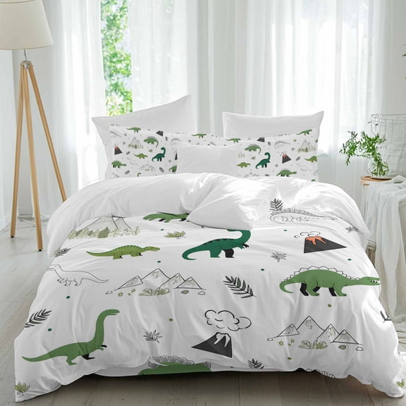 Green Dinosaur Queen Size Comforter Set, Mountain Volcano Cartoon Bedding for All Seasons, 4 Pcs Bed Set, 1Quiltcover (90"x92") ,1Sheet(94"x116"), 2Pillowcases (30"x20")