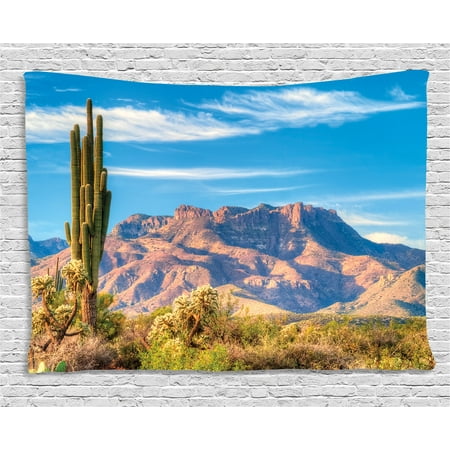 Cactus Decor Tapestry Landscape Of Mountain Sun Desert Cactus Decor Tapestry Landscape Of Mountain Sun Desert Botanic Bushes Sky With Clouds Image