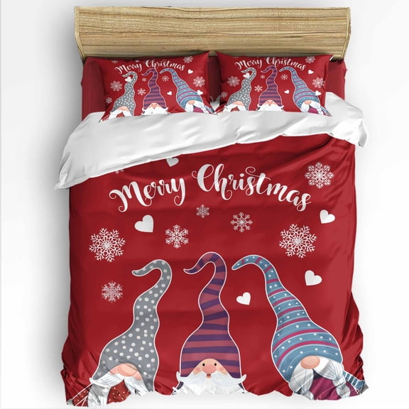 Merry Christmas Twin Size Comforter Set, Christmas Gnomes Snowflakes Heart Red Soft Bedding for All Seasons, 4 Pcs Bed Set with 1 Comforter (68"x86") ,1Sheet(66"x116"), 2 Pillowcases (19"x29")