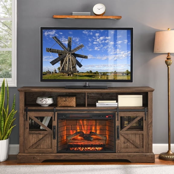 Electric Fireplace TV Stand for TVs up to 70 inches, Farmhouse Entertainment Center with 27inch Fireplace and Door Sensor, Media Console Table for Living Room Bedroom, Barnwood Color