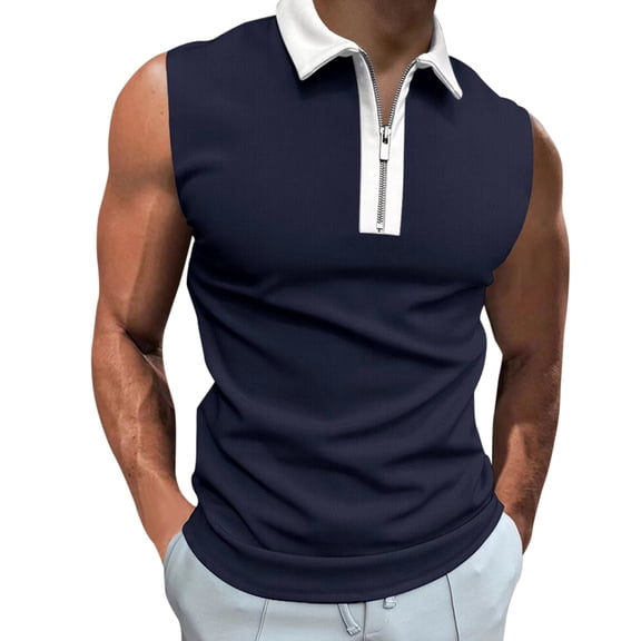 Bibifish Mens Polo Shirts White Collar Zip Front Sleeveless Cut Shirts Mens Spring Summer Light Daily Wear Tops