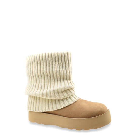 No Boundaries Women's Foldover Sweater Faux Fur Boots