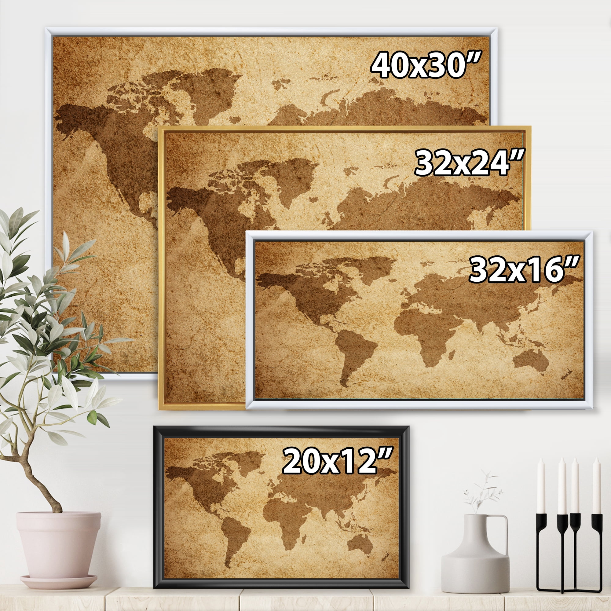 Designart 'Ancient World Map V' Vintage Framed Canvas Wall Art Print