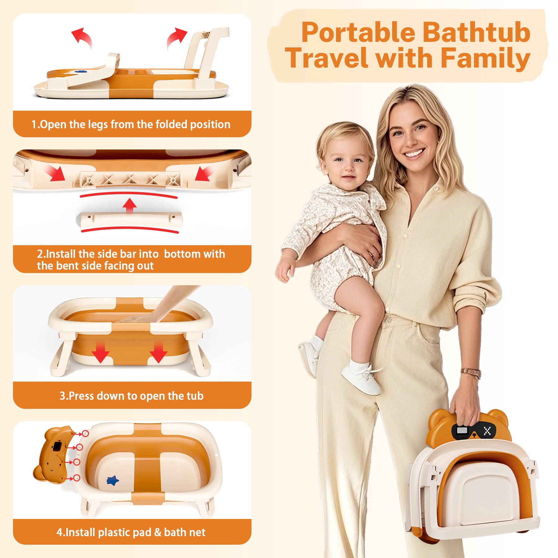 COOSEYA Baby Bathtub ,Collapsible Baby Bathtub , Bath Tub with Cushion and Thermometer ,Newborn to Toddler Portable Travel Multifunctional Bathing 0-2 years (Bear/Brown)