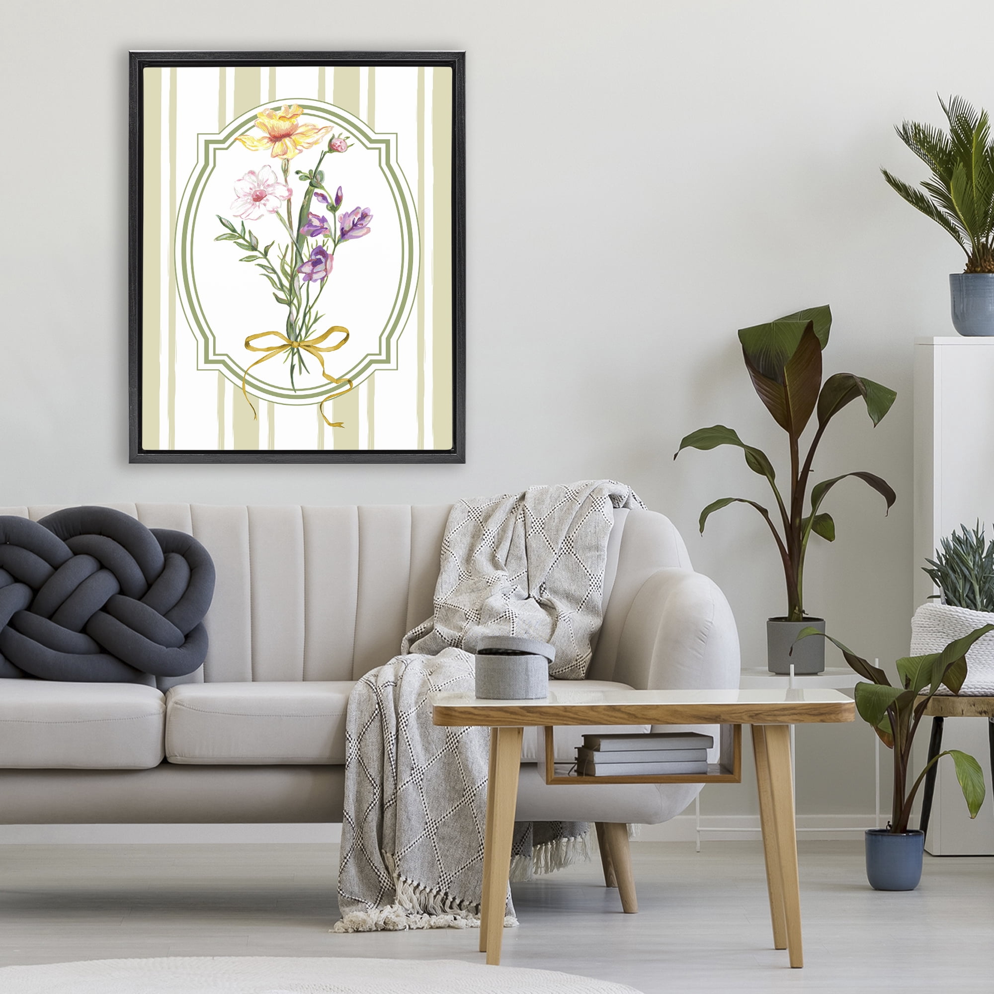 Vintage Wildflowers with Ribbon Black Framed Floater Canvas Wall Art, design by Adonna Ebrahimi