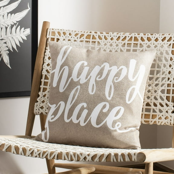 SAFAVIEH Happy Place 18" x 18" Graphic Print Plush Pillow, Taupe/White