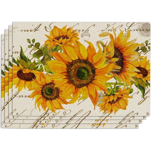 Fall Autumn Sunflower PVC Placemats Set of 4, Spring Summer Flowers Floral Vinyl Dining Table Place Mats, Seasonal Kitchen Decor Home Decoration 12 x 18 Inches