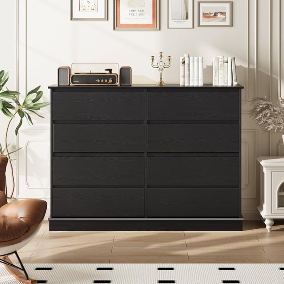 CuisinAid Black 8-Drawer Dresser, Large Chest of Drawers with Deep Storage & Wide Top, Horizontal Wooden Dresser for Bedroom, Living Room, Hallway