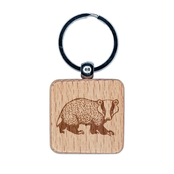 Curious Badger Square Keychain Charm Tag - Engraved Wood