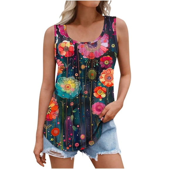 Gamivast Boho Tank Tops for Women Plus Size Floral Print Lightweight Round Neck Sleeveless Loose Fit Blouses Summer Vacation Tops