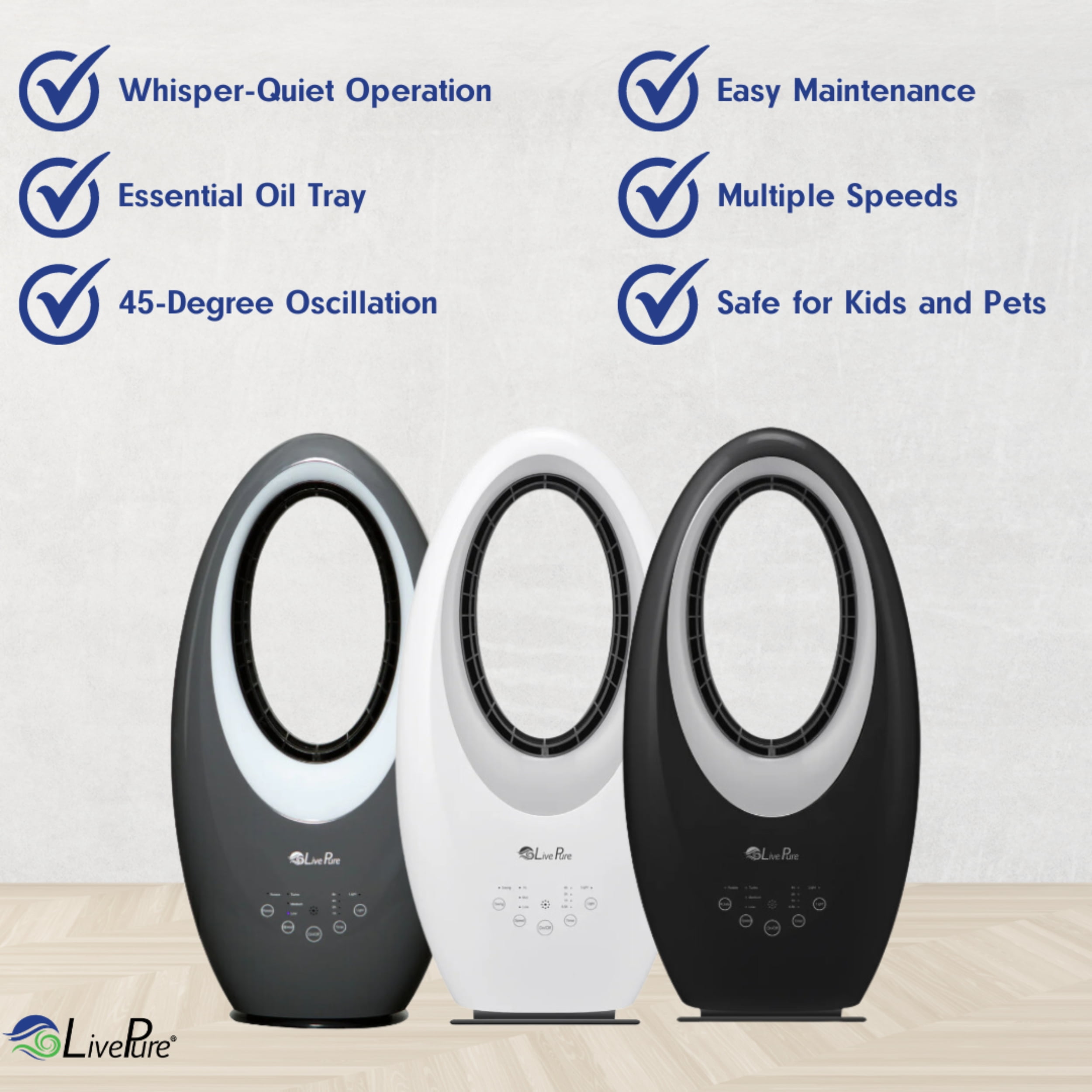 LivePure Bladeless Oscillating Fan w/Filter and Aroma Tray. 3-Speed Adjustment, Touch Control, Quiet Cooling, Stand Up Fan for Bedroom, Office, Kitchen, Black