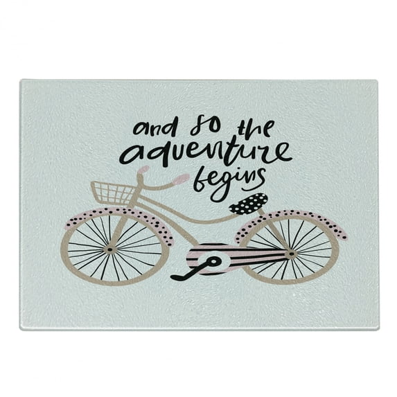 Adventure Cartoon Cutting Board, Bicycle with and so the Adventure Begins Hand Drawn Phrase, Decorative Tempered Glass Cutting and Serving Board, Small Size, Pale Pink Beige, by Ambesonne