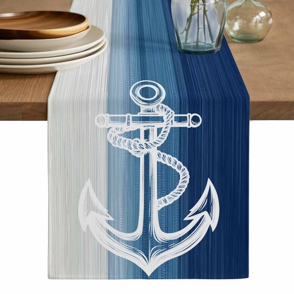 Nautical Anchor Navy Blue Table Runner, Coastal Ocean Ombre Striped Washable Cotton Linen Table Runners 120 Inches Long, Dresser Scarf Runner for Dining/Living Room/Kitchen/Square Tables 13''x120''