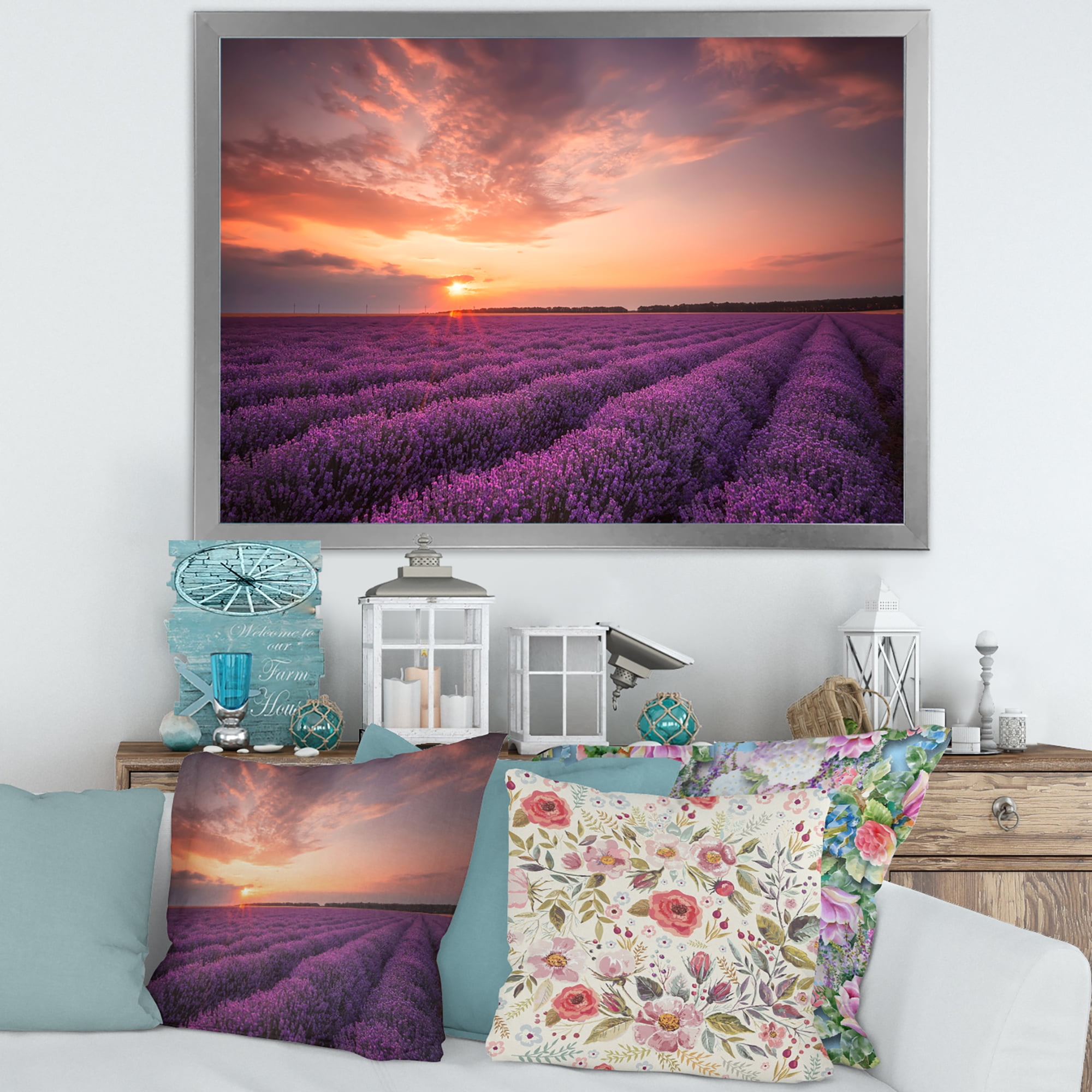 Designart 'Dramatic Clouds and Sunrise Over Lavender Field XII' Farmhouse Framed Art Print