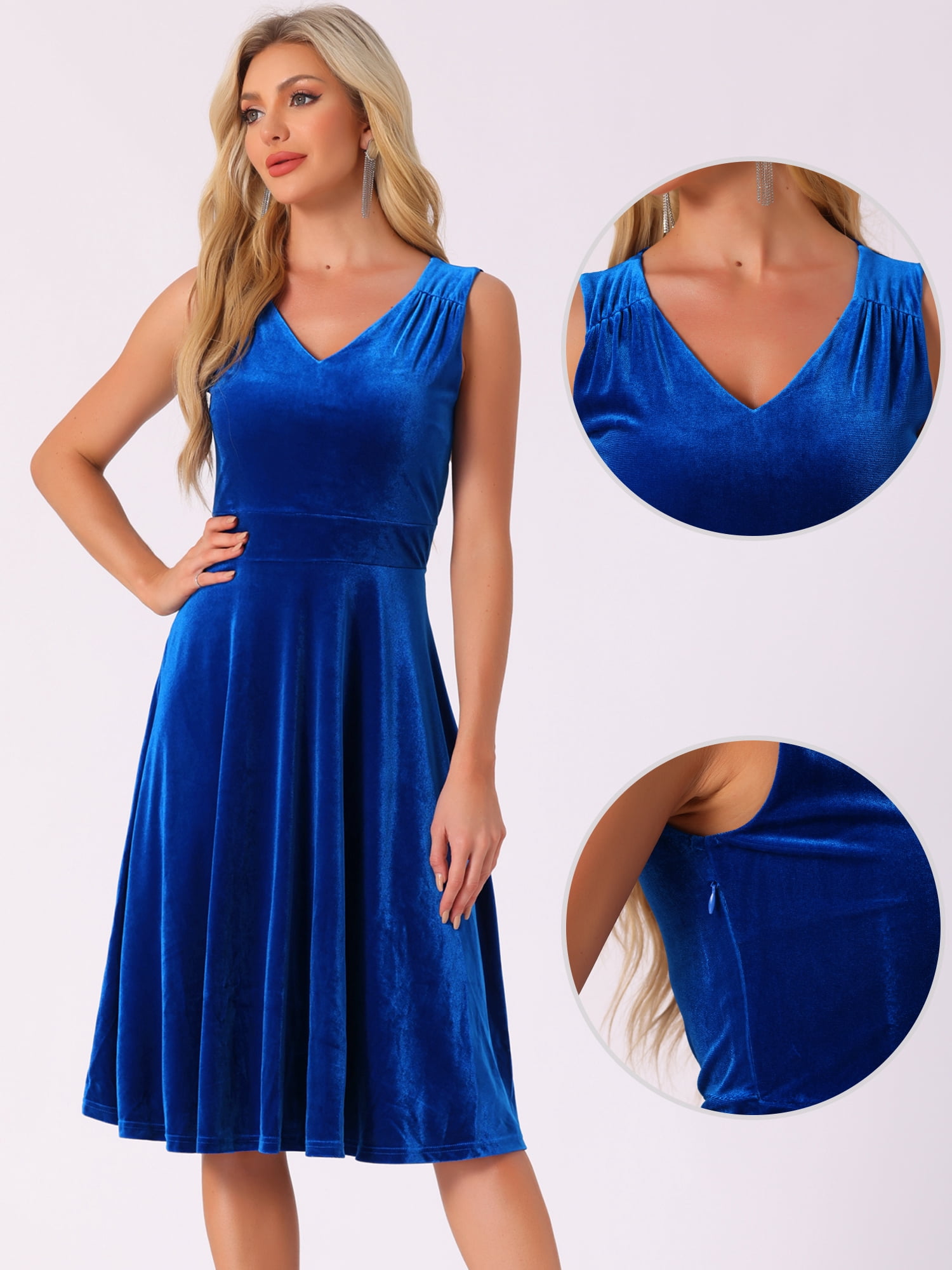 DARING DIVA V Neck A Line Flowy Sleeveless Velvet Midi Dress L Royal Blue