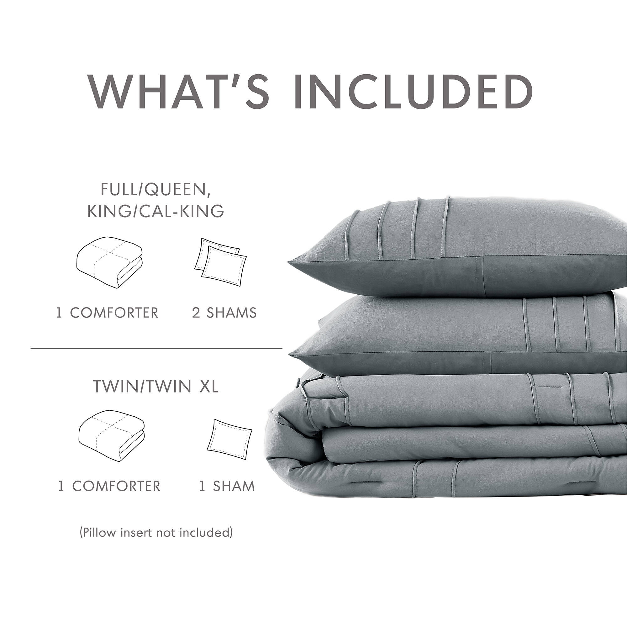 Regency Heights Full Comforter Set, Boho 3-Piece Pintuck Stitching Bedding Set, Soft Washed Pleated Bed Sets with Pillow Sham Blue/Grey