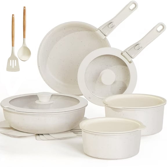 Jozram 17 PCS Ceramic Pots and Pans Set Non Stick, Cookware Set with Detachable Handle, Oven Safe, Induction Ready, Stackable RV Kitchen Cooking Set Removable Handles, Cream White