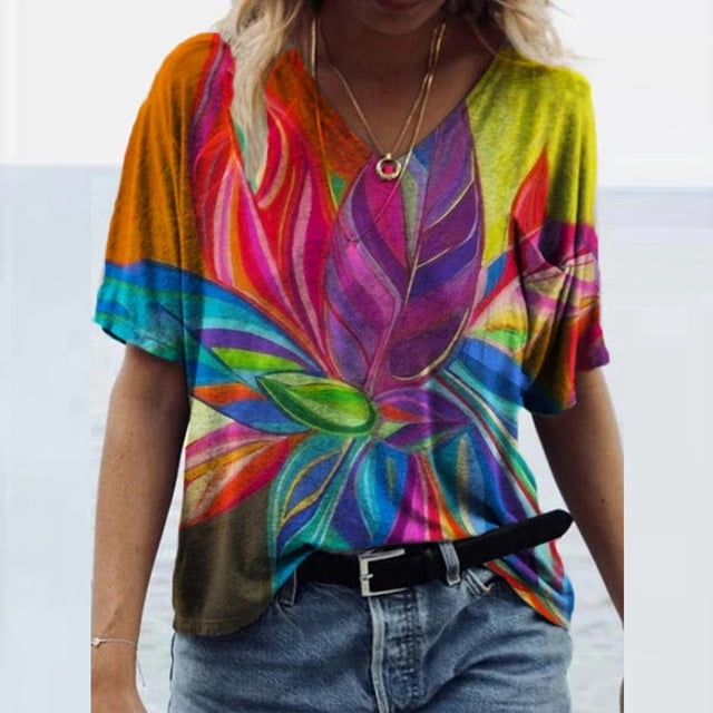 Hauts d'Été Grande Taille pour Femmes Mode Tendance T-Shirt d'Été Imprimé à Manches Courtes Col Rond T-Shirt Décontracté Hauts T-Shirt Col en V Femmes en Liquidation