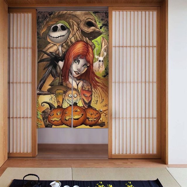Cortina de puerta semiopaca con patrón de patchwork de dos piezas de Pesadilla antes de Navidad, cortinas opacas decorativas para dormitorio, sala de estar, decoración de habitación de niños, 34 x 56
