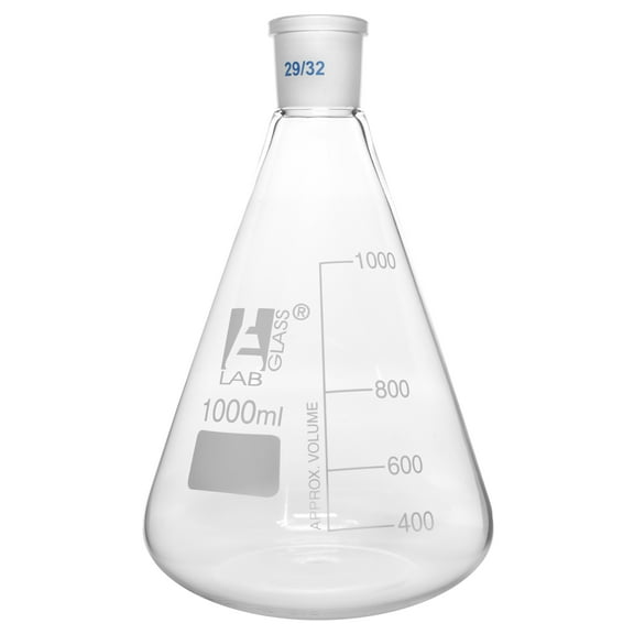 Conical Flask, 1000ml - With Interchangeable Joint, Socket Size 29/32 - White Graduations - Borosilicate Glass - Eisco Labs