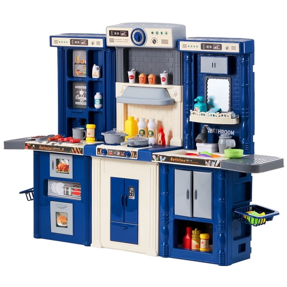 Kids Kitchen Playset, 3-in-1 Toddler Kitchen with Simulated Spray, Sounds and Lights, Play Kitchen Set with 74 PCS Cooking Accessory Set for Toddlers, Preschoolers, Children Ages 3-8, Blue
