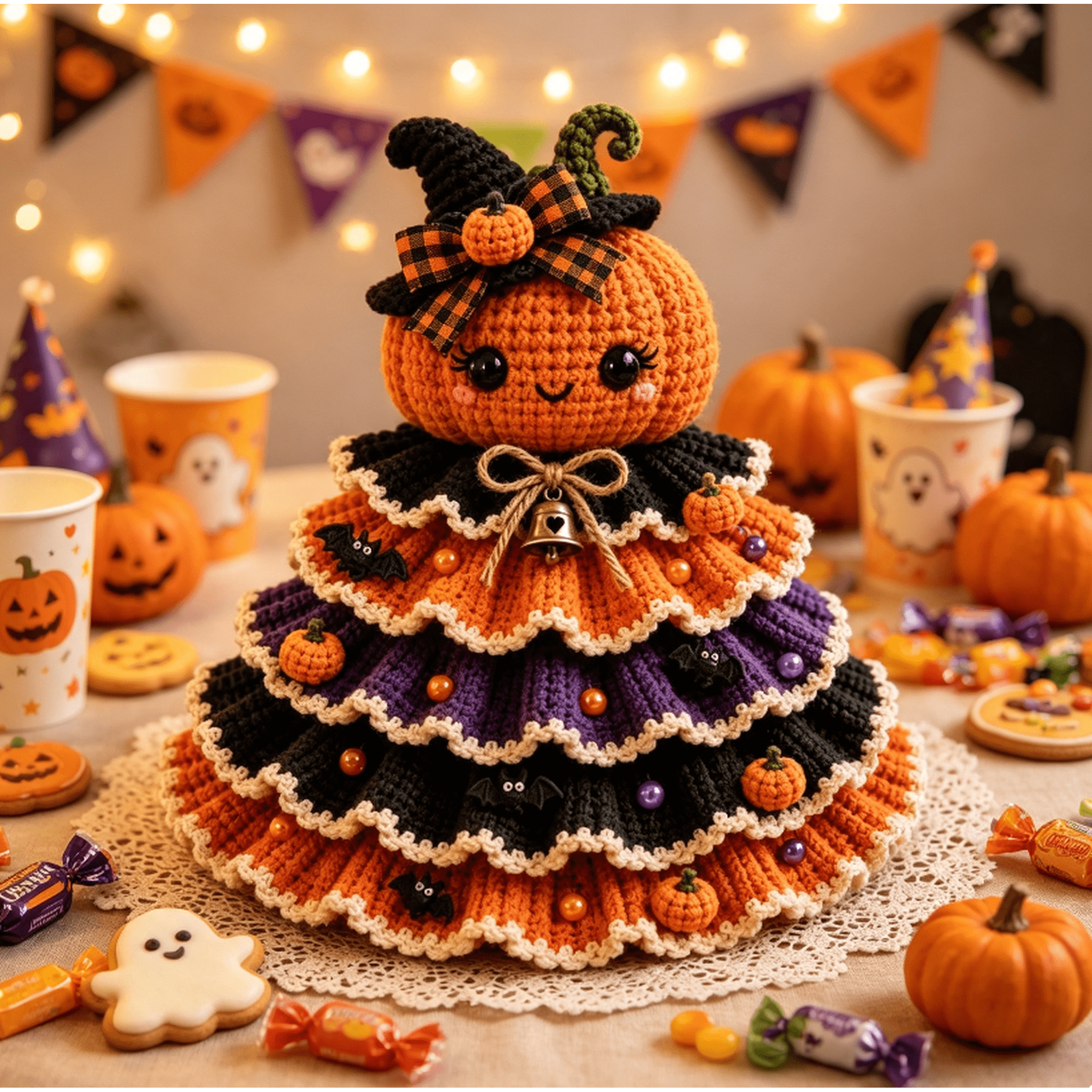 Halloween Crochet Tabletop Decor DIY Kit Fun Seasonal Handcraft Project Kit for DIY Witch Pumpkin Tier Decoration for Home Halloween Arrangement