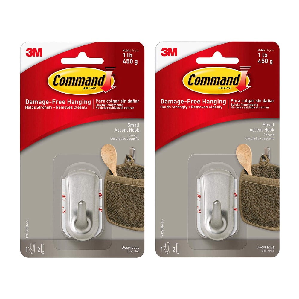 3M Command Small Accent Hooks Decorative Damage Free Adhesive Plastic Brushed Nickel, 2Pack