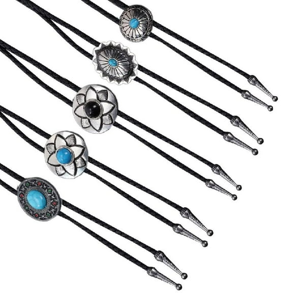 5Pcs Vintage Bolo Tie Western Cowboy Rope Metal Flower Stone Necktie