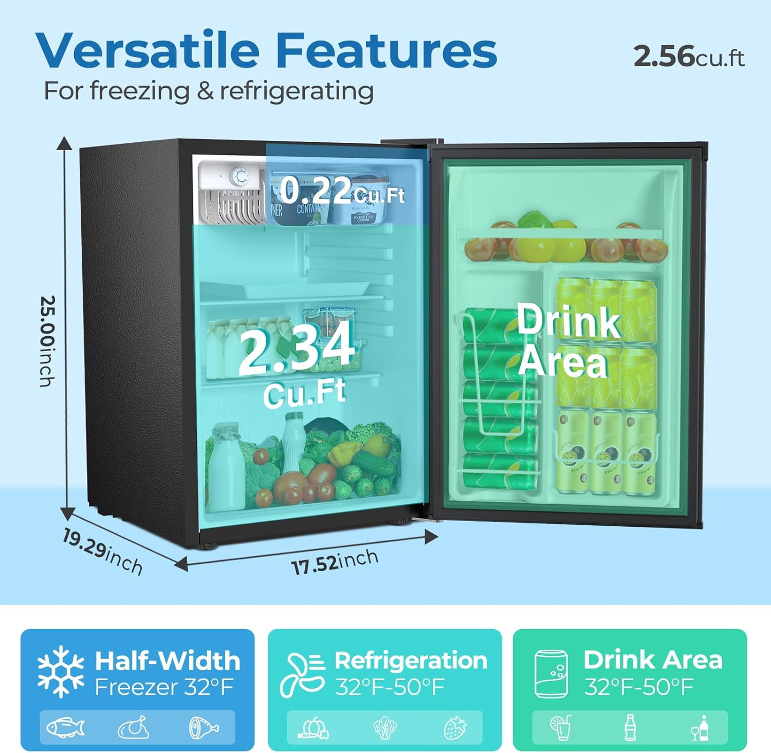 WAA 2.6 Cu.Ft Compact Refrigerator Single Door Mini Fridge with Freezer,Silver
